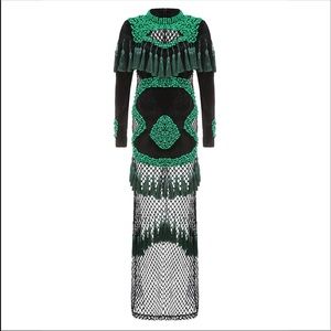 Long Sleeve Green Beading Tassel Long Dress